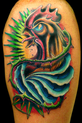 Tattoos - Cartoon tattoos -  fighting cock and rose vine morph